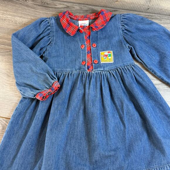 Vintage Oshkosh B'Gosh Denim Dress Size 3T Plaid School Cat Crayon Country - Picture 10 of 16